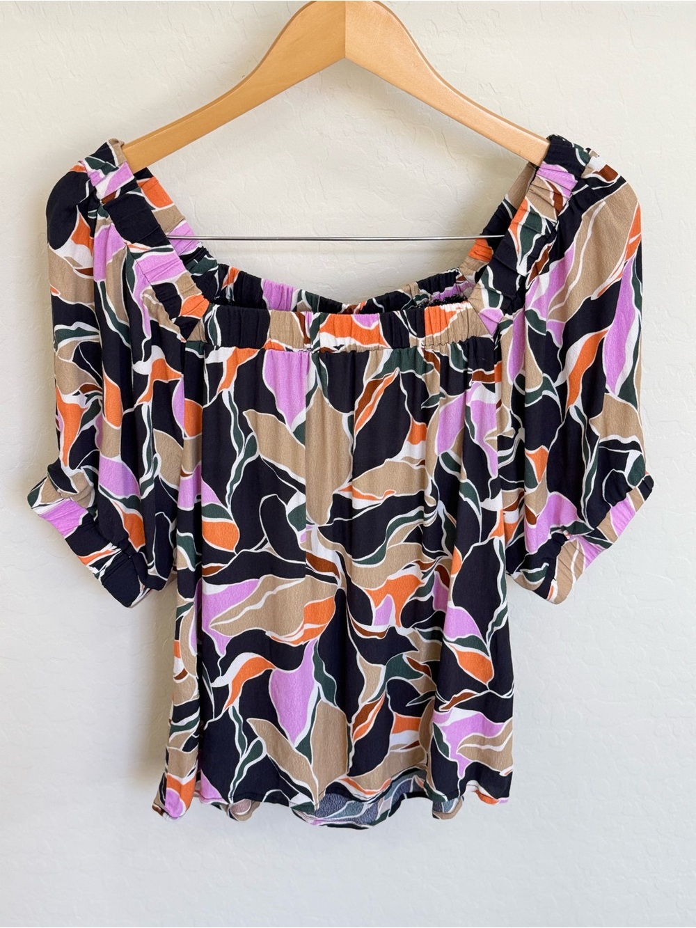 EVEREVE Abstract Floral Square Neck Puff Sleeve Blouse Top Medium